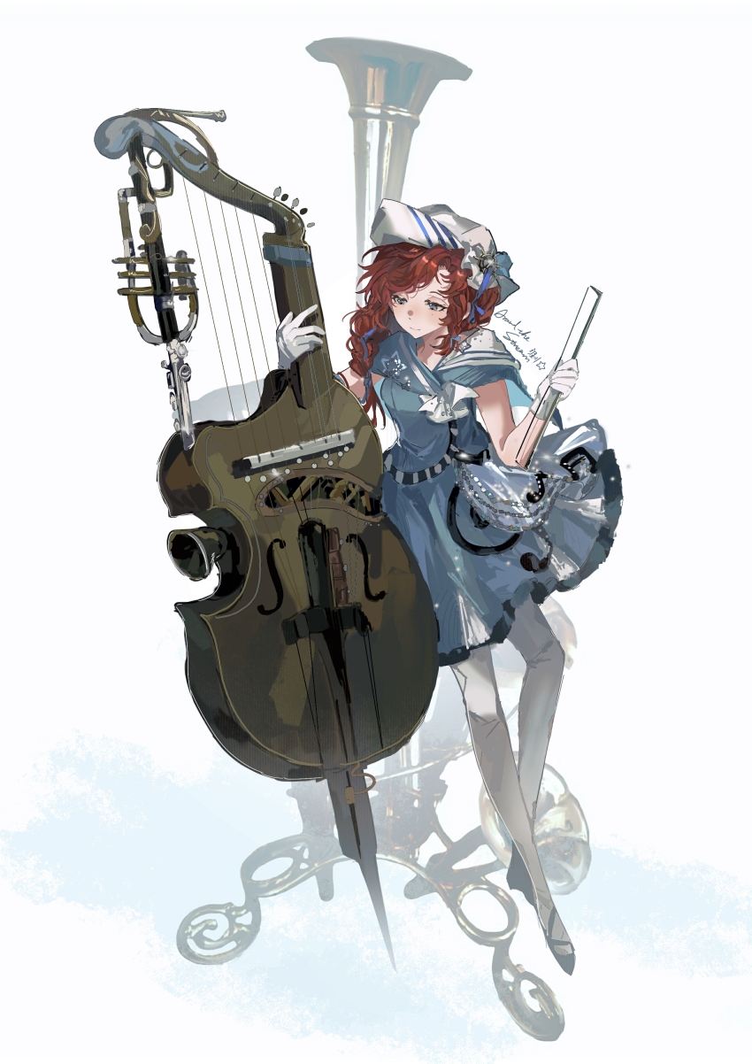 1girl, absurdres, around_the_stream, barcarola_(reverse:1999), black_shoes, blue_eyes, blue_shirt, blue_skirt, bow_(music), crackling_box_(reverse:1999), dixie_cup_hat, full_body, gloves, hands_up, hat, highres, holding, holding_bow_(music), instrument, long_braid, looking_at_object, looking_down, military_hat, miniskirt, pantyhose, red_hair, reverse:1999, shirt, shoes, skirt, sleeveless, sleeveless_shirt, smile, solo, standing, white_background, white_gloves, white_hat, white_pantyhose
