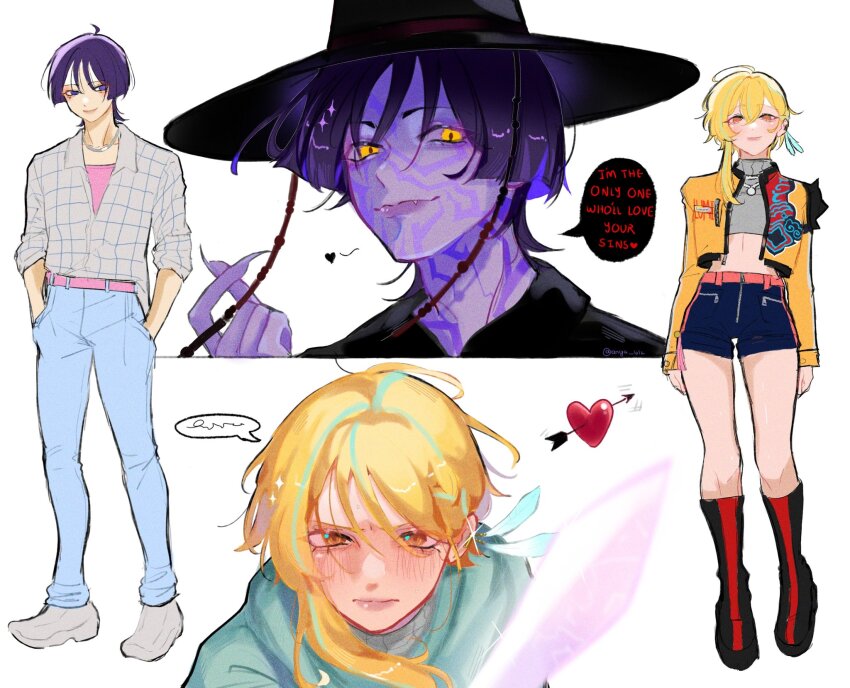 1boy, 1girl, alternate_eye_color, alternate_hairstyle, alternate_species, anya_lolz, aqua_hair, aqua_hoodie, arrow_through_heart, belt, black_boots, black_hanbok, black_hat, black_shorts, blonde_hair, blue_feathers, blue_pants, blunt_ends, boots, brown_eyes, character_name, choppy_bangs, closed_mouth, collar, colored_skin, cosplay, cropped_jacket, cropped_shirt, crossover, denim, detached_sleeves, earrings, english_text, fang, feather_earrings, feathers, fingernails, gat_(hat), genshin_impact, glint, grey_collar, grey_shirt, grey_shoes, hair_behind_ear, hair_between_eyes, hanbok, hands_in_pockets, hat, heart, highres, hood, hoodie, jacket, jeans, jewelry, jinu_(kpop_demon_hunters), jinu_(kpop_demon_hunters)_(cosplay), knee_boots, korean_clothes, kpop_demon_hunters, long_sleeves, looking_at_viewer, lumine_(genshin_impact), midriff, multicolored_hair, necklace, open_clothes, open_jacket, pants, pink_belt, pink_sword, purple_eyes, purple_hair, purple_lips, purple_skin, red_lips, ribbed_collar, rumi_(kpop_demon_hunters), rumi_(kpop_demon_hunters)_(cosplay), scaramouche_(genshin_impact), sharp_fingernails, shirt, shoes, short_hair, short_hair_with_long_locks, short_shorts, shorts, sidelocks, single_sidelock, smile, speech_bubble, split_screen, streaked_hair, striped_clothes, striped_shirt, sweatdrop, tassel, tsurime, twitter_username, undershirt, white_background, yellow_eyes, yellow_jacket, yellow_sleeves