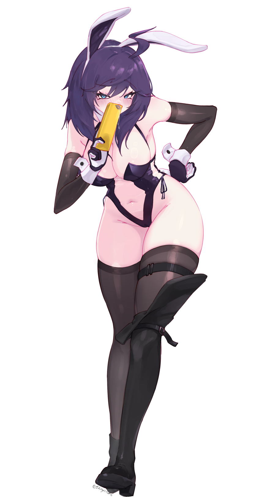 1girl, absurdres, alternate_costume, animal_ear_hairband, animal_ears, aqua_eyes, asymmetrical_legwear, black_gloves