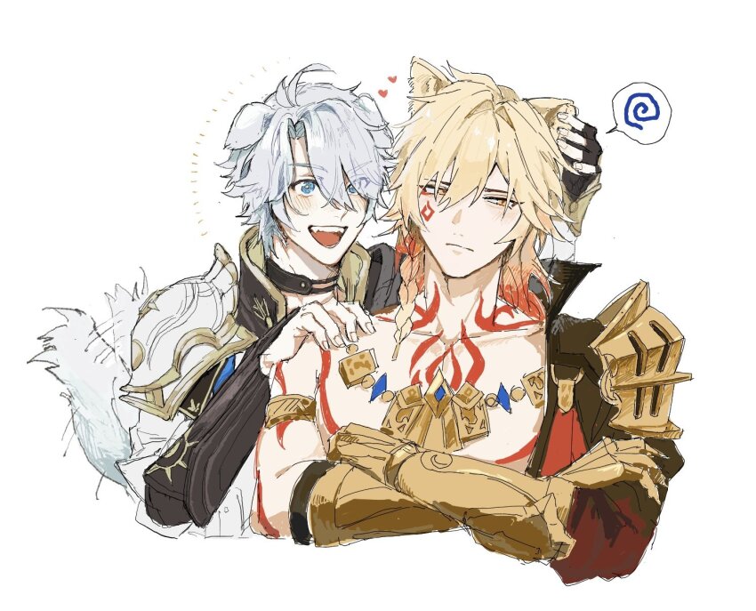 2boys, animal_ears, armor, cat_boy, cat_ears, closed_mouth, crossed_arms, dog_boy, dog_ears, dog_tail, ggtnnk, grey_hair, hair_between_eyes, highres, honkai:_star_rail, honkai_(series), male_focus, medium_hair, multiple_boys, muscular, muscular_male, mydei_(honkai:_star_rail), open_mouth, orange_hair, parted_bangs, pauldrons, phainon_(honkai:_star_rail), red_tattoo, short_hair, shoulder_armor, simple_background, single_pauldron, smile, tail, teeth, upper_body, upper_teeth_only, white_background