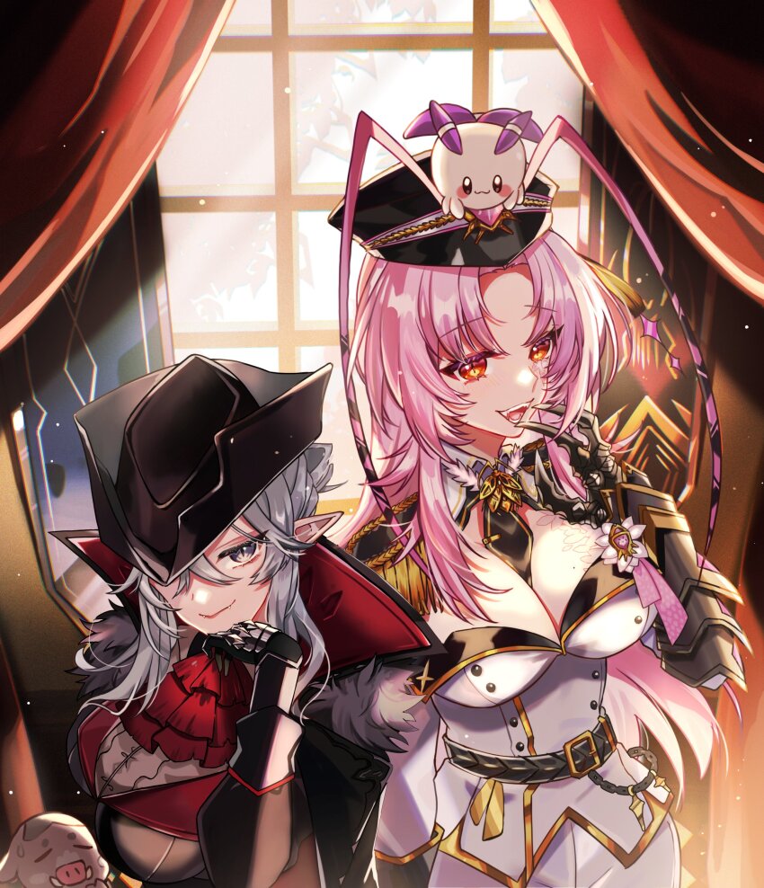 2girls, absurdres, antennae, arthropod_girl, arthropod_limbs, ascot, between_breasts, black_hat