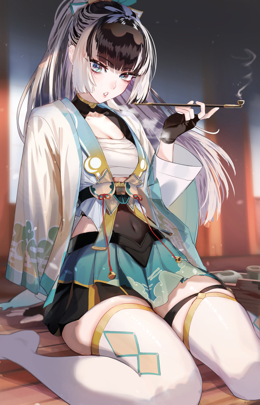 1girl, absurdres, aqua_eyes, black_hair, breasts, chest_sarashi, cleavage, commentary_request