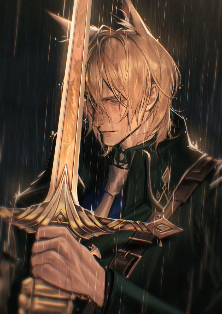 1boy, absurdres, animal_ear_fluff, animal_ears, arknights, arms_up, belt, belt_buckle