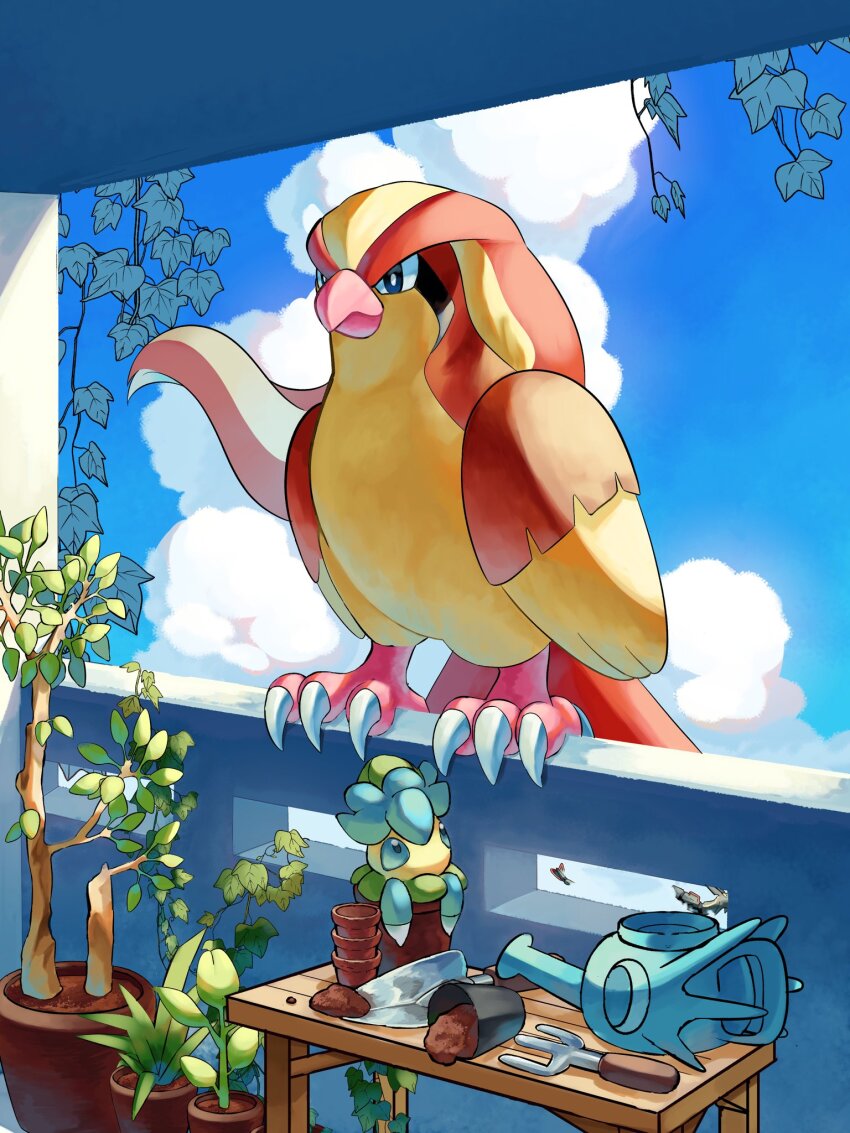 2others, alternate_color, cloud, dirt, flower_pot, fomantis, gen_1_pokemon, gen_7_pokemon