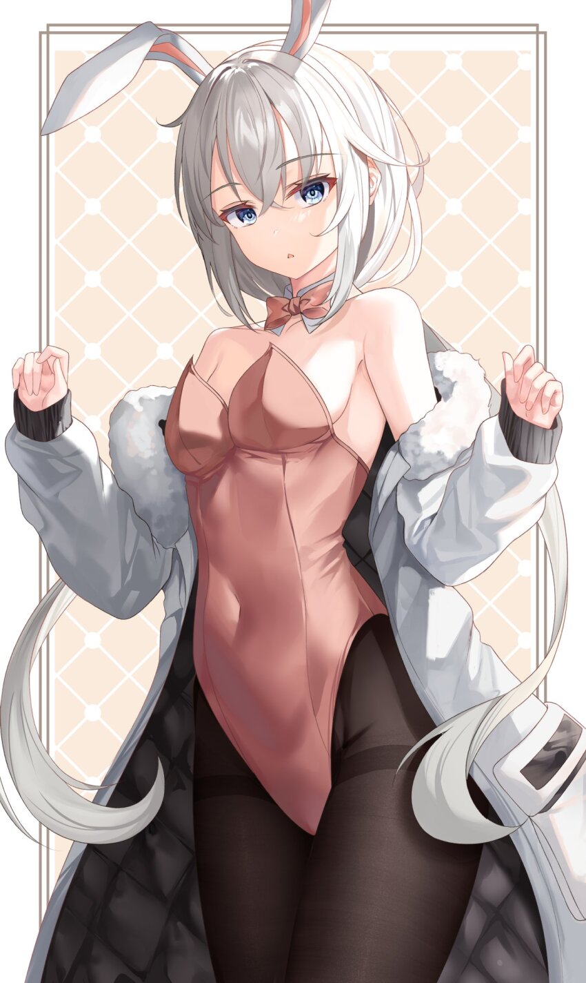 animal_ears, bare_shoulders, black_pantyhose, blue_eyes, border, bow, bowtie, breasts