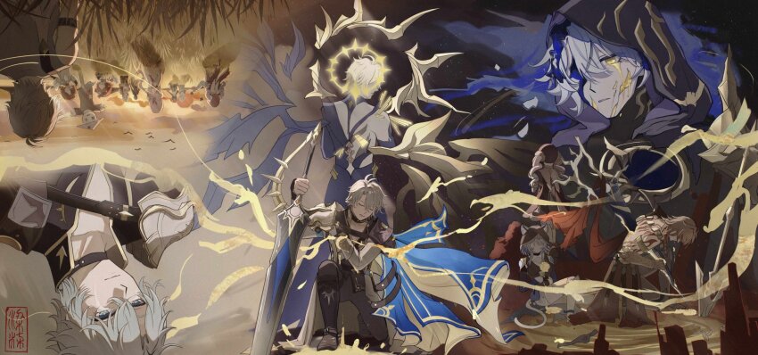 2boys, 6+girls, alternate_form, armor, back, beret, black_pants, blonde_hair, castorice_(honkai:_star_rail), cat_girl, character_request, cipher_(honkai:_star_rail), flame_reaver_of_the_deepest_dark, grey_hair, hat, highres, holding, holding_sword, holding_weapon, honkai:_star_rail, honkai_(series), hood, hood_up, hyacine_(honkai:_star_rail), kkkkkk202357, multiple_boys, multiple_girls, multiple_persona, mydei_(honkai:_star_rail), orange_hair, pants, parted_lips, pauldrons, phainon_(honkai:_star_rail), phainon_(khaslana)_(honkai:_star_rail), pink_hair, red_hat, red_tattoo, short_hair, shoulder_armor, single_pauldron, sitting, sword, teeth, trianne_(honkai:_star_rail), tribbie_(honkai:_star_rail), upper_body, weapon, yellow_blood