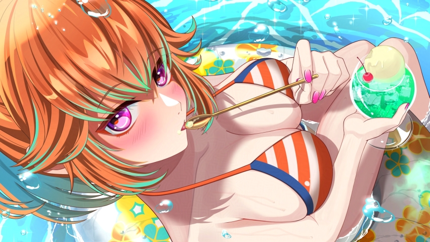 1girl, aqua_hair, bikini, blush, breasts, cherry, cleavage, cup