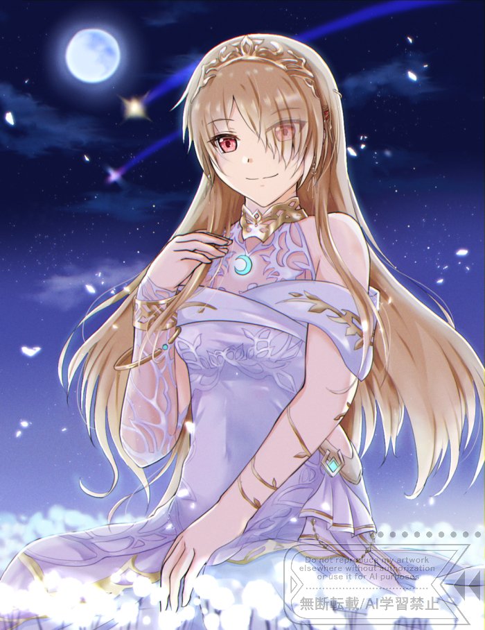 1girl, blonde_hair, covered_navel, crown, dress, hair_ornament, hair_over_one_eye, hairclip