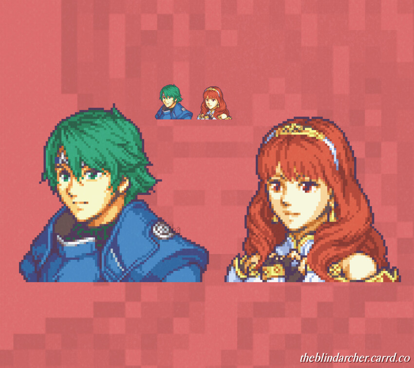 1boy, 1girl, alm_(fire_emblem), armor, black_gloves, blue_armor, breastplate, celica_(fire_emblem)