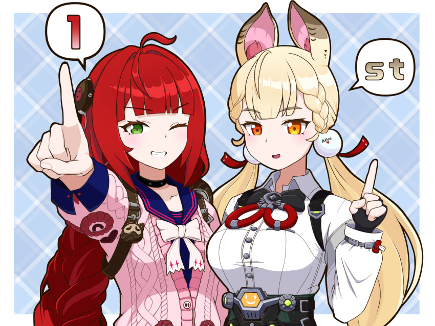 2girls, ahoge, alice_thymefield, benis_zzz, black_choker, black_gloves, black_sailor_collar, blonde_hair