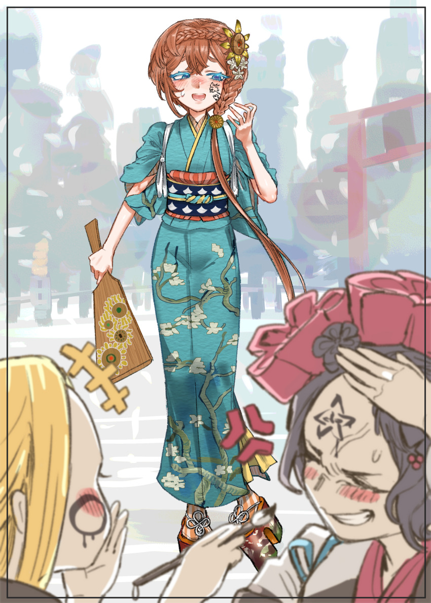 3girls, abigail_williams_(fate), absurdres, anger_vein, black_hair, blonde_hair, blue_eyes, blue_kimono, blush, brown_hair, closed_eyes, commentary, fate/grand_order, fate_(series), floral_print, floral_print_kimono, forced_smile, full_body, grin, highres, holding, holding_paintbrush, ink, japanese_clothes, katsushika_hokusai_(fate), kimono, multiple_girls, nose_blush, open_mouth, paintbrush, print_kimono, sandals, smile, suichoku_(suityoku_conpas), sweat, van_gogh_(fate)