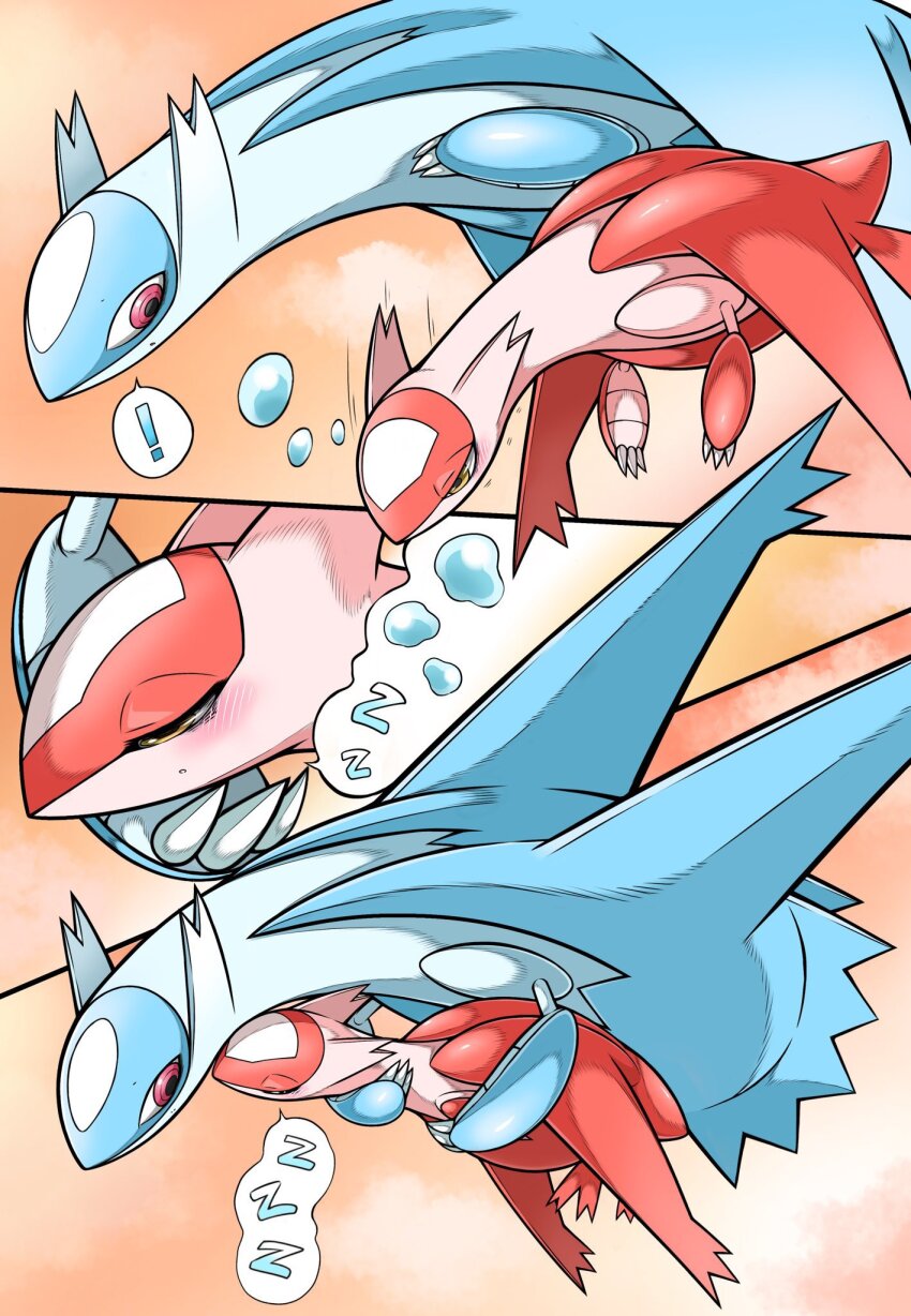!, 1boy, 1girl, blush, blush_stickers, closed_eyes, gen_3_pokemon, half-closed_eyes