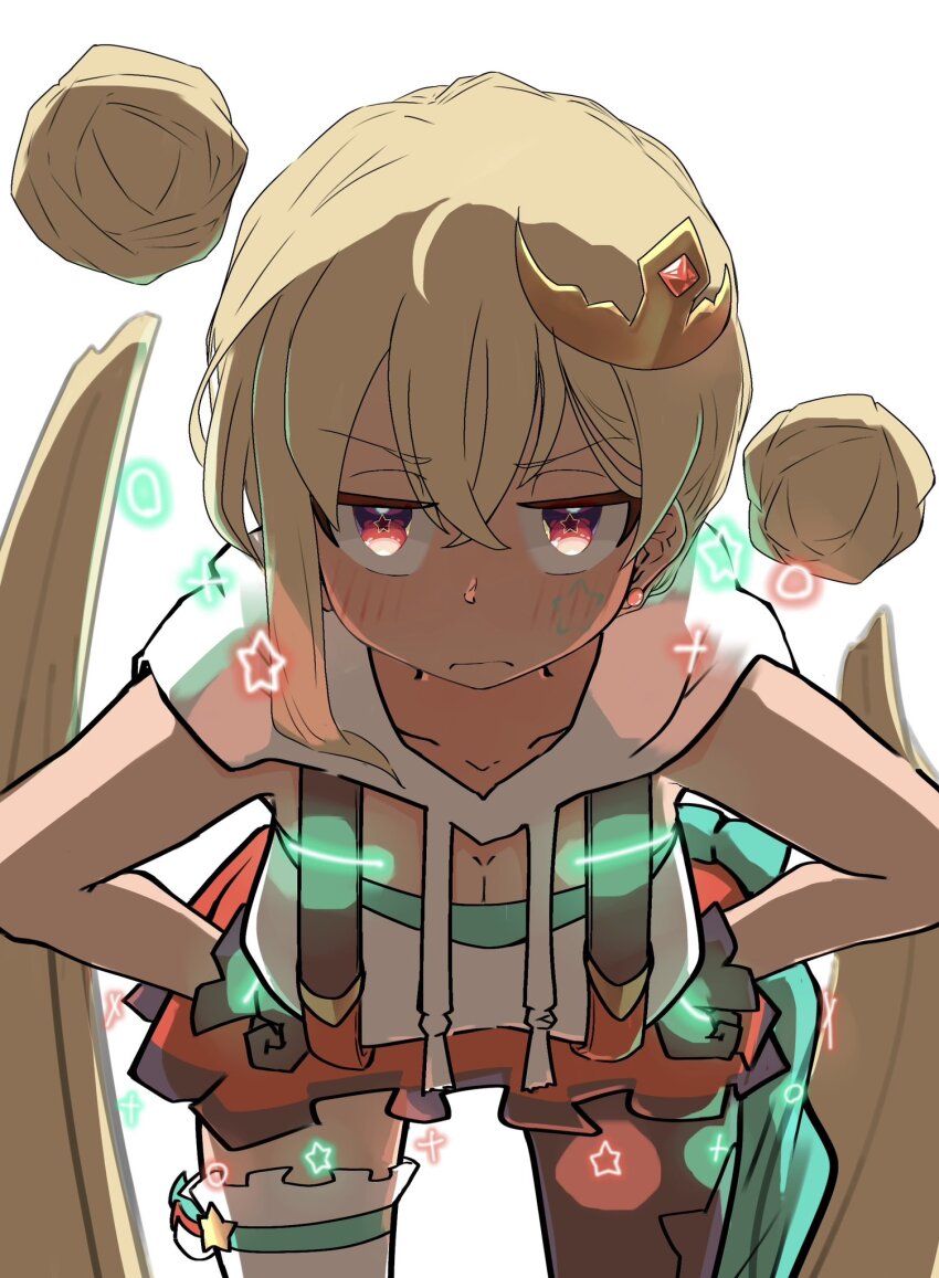 1girl, asymmetrical_legwear, black_gloves, black_thighhighs, blonde_hair, blush, breasts, cleavage