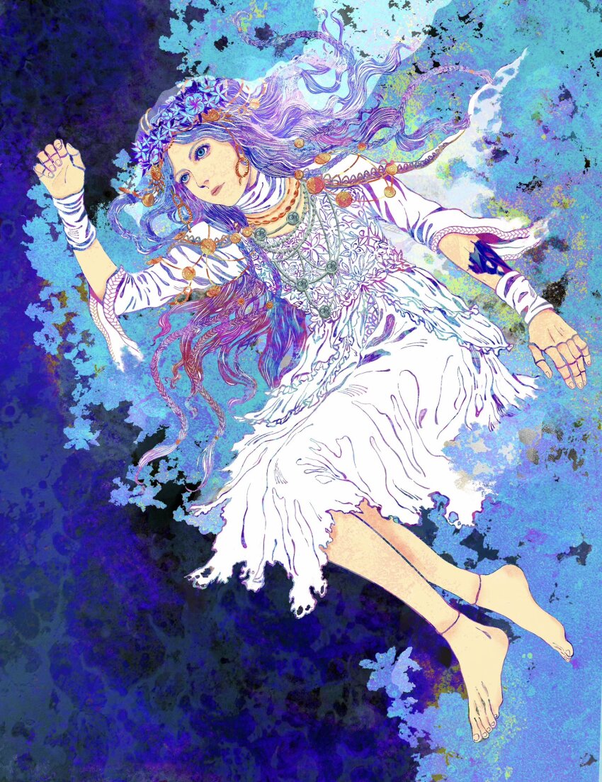 1girl, barefoot, blue_background, blue_eyes, braid, cracked_skin, doll_joints, dress