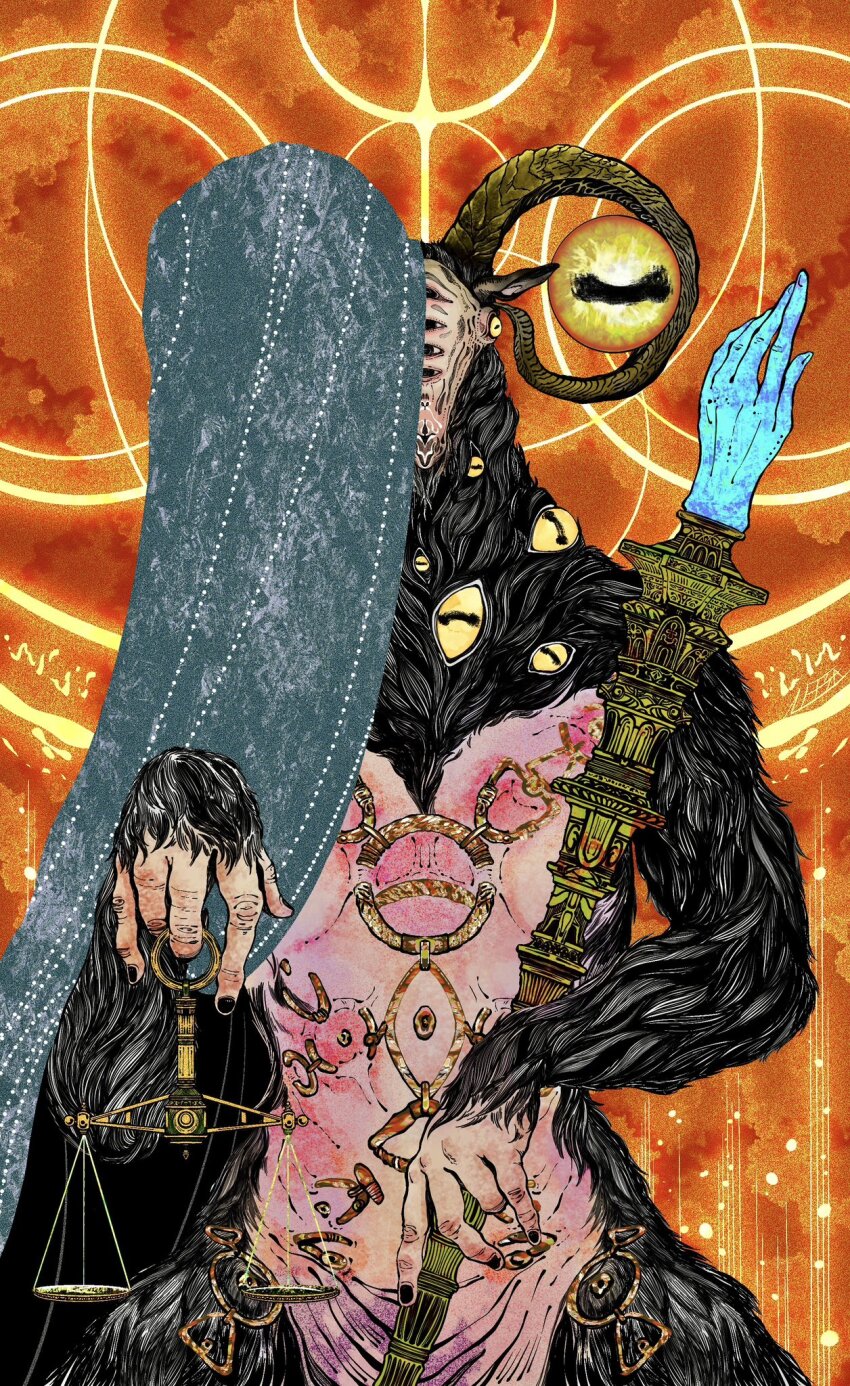 1boy, balance_scale, black_nails, body_piercings, cowboy_shot, disembodied_eye, elden_ring, elden_ring_nightreign, extra_eyes, goat_horns, goat_legs, highres, horizontal_pupils, horns, lantherodon, libra_(elden_ring), mage_staff, monster, monster_focus, orange_background, sigil, solo, staff, veil, very_big_eyes, weighing_scale