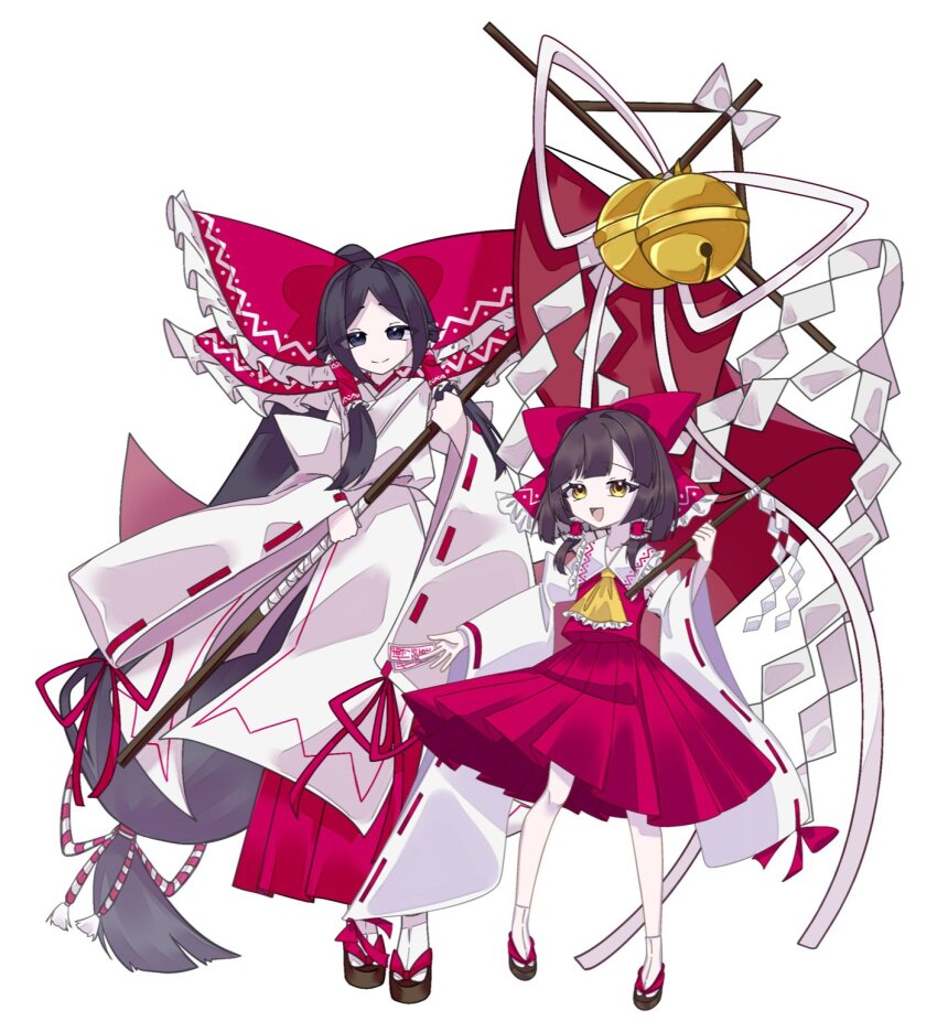 2girls, aged_down, ascot, bell, black_hair, bow, commentary, foul_detective_satori