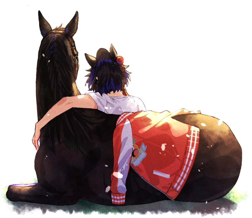 1girl, animal_ears, arm_around_neck, black_hair, commentary_request, creature_and_personification, from_behind, hair_ornament