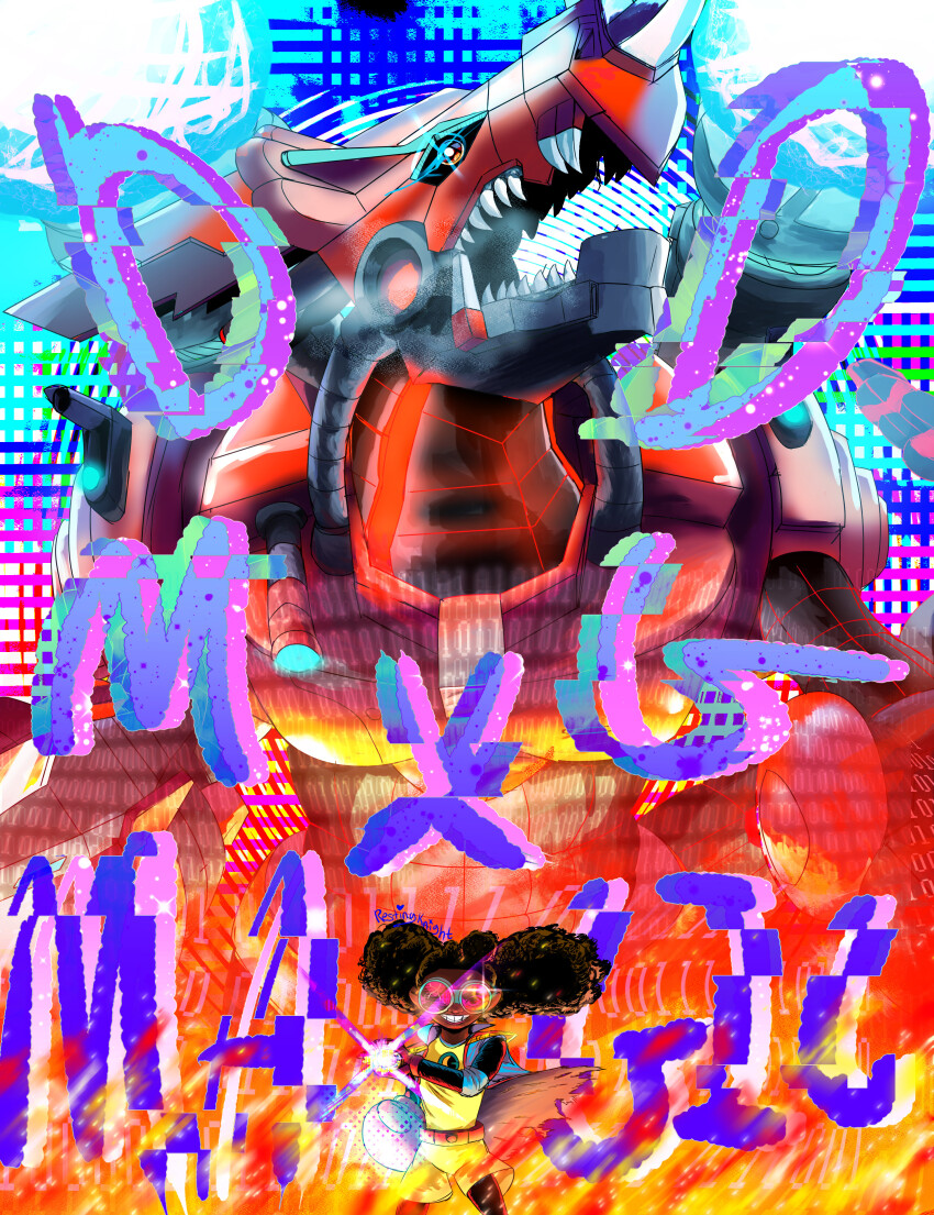 absurdres, binary, black_hair, cannon, chaosdramon, crossover, digimon, digimon_(creature)