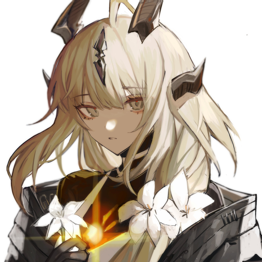 1girl, ahoge, anpoai, arknights, blonde_hair, brown_horns, chinese_commentary, commentary_request