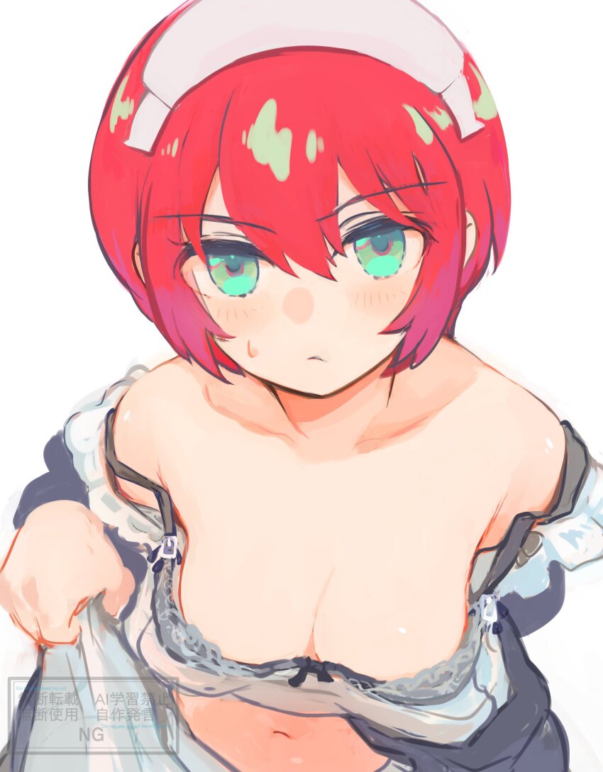 1girl, amate_yuzuriha, breasts, cleavage, gundam, gundam_gquuuuuux, highres, maid, maid_headdress, medium_breasts, red_hair, shimura_(hosshi), short_hair, sweatdrop, tagme