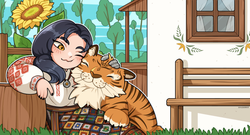 1girl, absurdres, animal, black_hair, black_nails, blush, borrowed_character, closed_mouth