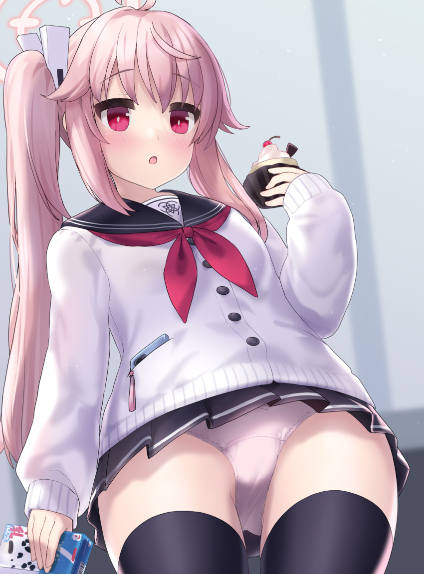 1girl, :o, ahoge, arm_at_side, black_sailor_collar, black_skirt, black_thighhighs, blue_archive, blush, bow, bow_panties, bright_pupils, buttons, cake, cardigan, cellphone, commentary_request, cowboy_shot, crotch_seam, cupcake, drink_carton, dutch_angle, emblem, food, from_below, hair_over_shoulder, halo, hand_up, highres, holding, holding_cake, holding_food, holding_juice_box, juice_box, ktsecond, loli, long_sidelocks, long_sleeves, looking_at_viewer, looking_down, miniskirt, natsu_(blue_archive), neckerchief, panties, pantyshot, parted_lips, phone, phone_in_pocket, pink_eyes, pink_hair, pink_halo, pink_panties, pleated_skirt, pocket, red_neckerchief, sailor_collar, school_uniform, serafuku, side_ponytail, sidelocks, skirt, smartphone, solo, standing, thighhighs, underwear, upskirt, white_cardigan, white_pupils, zettai_ryouiki