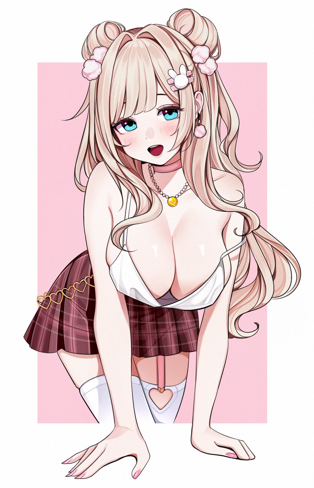 1girl, bare_arms, bare_shoulders, bead_necklace, beads, blonde_hair, blondedaze, blue_eyes