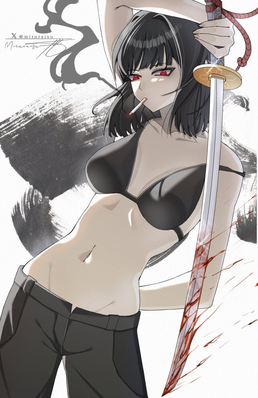 1girl, groin, highres, katana, limbus_company, miruraisu, navel, open_fly