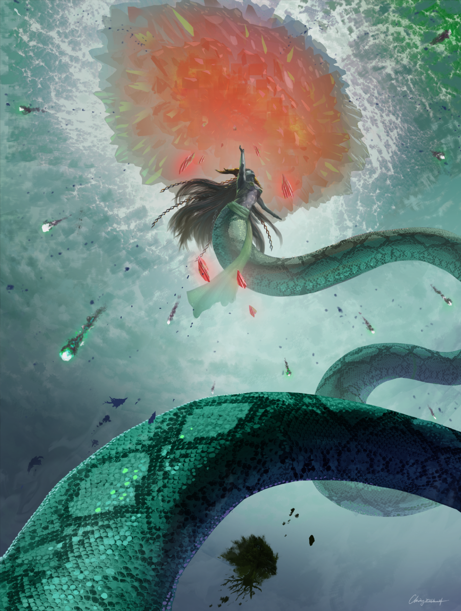 1girl, absurdly_long_tail, arm_up, artist_name, black_hair, breasts, chinese_mythology, green_sash, green_scales, green_sky, highres, horns, lamia, link_chang, long_hair, looking_up, medium_breasts, meteor_shower, monster_girl, nuwa_(chinese_mythology), outdoors, red_sky, sash, sky, solo, stomach, tail, third-party_source, tree