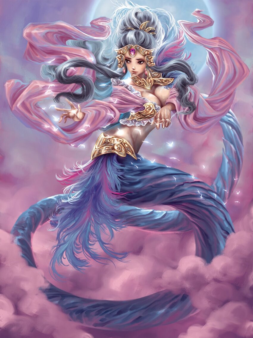 1girl, absurdly_long_tail, bird, black_eyes, black_hair, blue_feathers, blue_scales, breasts, chinese_mythology, cloud, feather_hair_ornament, feathers, floating, frilled_shirt, frills, full_moon, gem, glowing_bird, gold_ring, gold_tiara, gorget, hair_ornament, highres, lamia, large_breasts, long_sleeves, looking_to_the_side, monster_girl, moon, nuwa_(chinese_mythology), outdoors, pink_clouds, pink_feathers, pink_gem, pink_shawl, pink_sky, pursed_lips, reaching, shawl, shirt, sky, solo, stomach, tail, tan, yunaxd