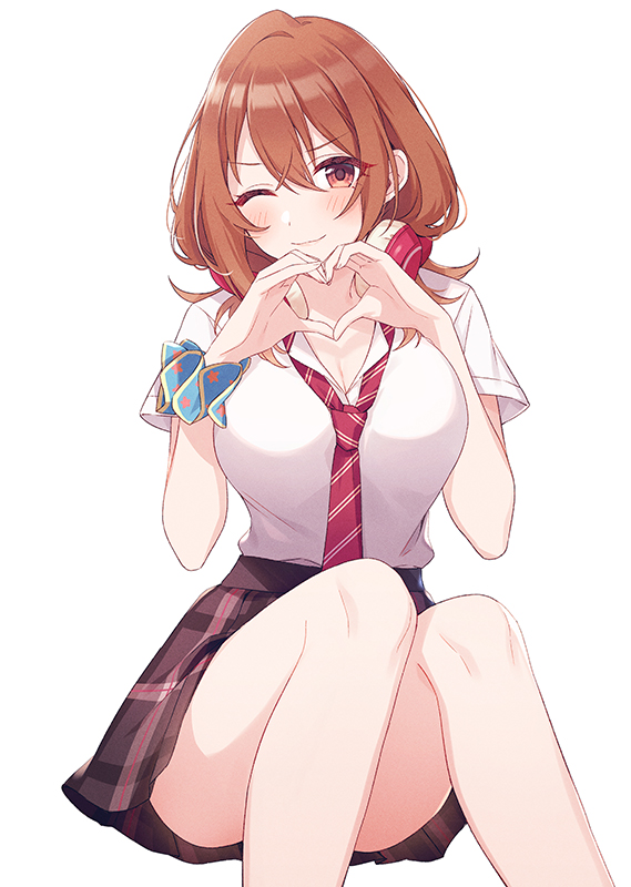 1girl, bare_legs, blue_scrunchie, blush, breasts, brown_hair, closed_mouth, commentary_request