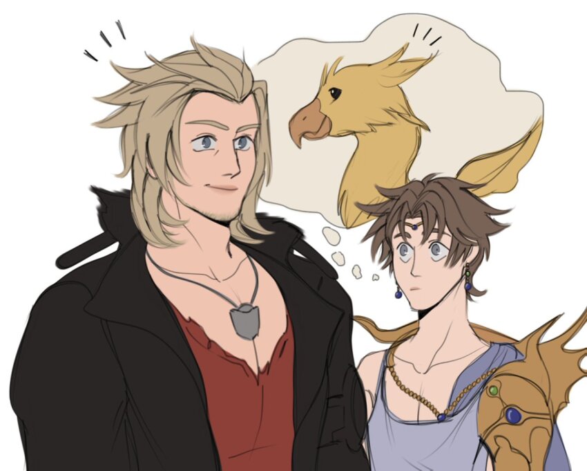 2boys, armor, bartz_klauser, blonde_hair, blue_eyes, brown_hair, cape, chocobo, circlet, commentary, earrings, english_commentary, final_fantasy, final_fantasy_v, final_fantasy_xiii, in-franchise_crossover, jacket, jewelry, male_focus, multiakimo, multiple_boys, shirt, short_hair, smile, snow_villiers, thinking, v-neck