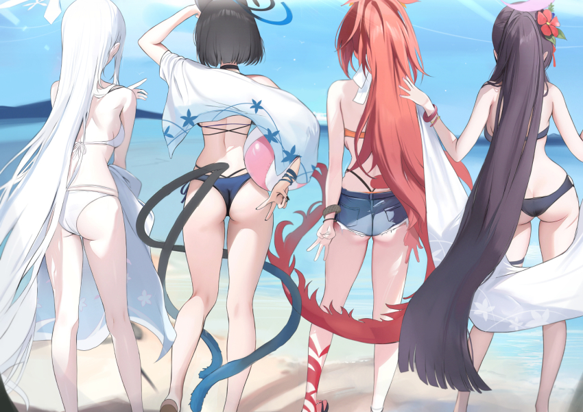 4girls, ass, bare_legs, beach, bikini, black_bikini, black_hair, blue_archive, denim, denim_shorts, fingernails, from_behind, halo, haori, houraku, hyakkaryouran_(blue_archive), japanese_clothes, kikyou_(blue_archive), kikyou_(swimsuit)_(blue_archive), long_hair, median_furrow, multiple_girls, nagusa_(blue_archive), nagusa_(swimsuit)_(blue_archive), nail_polish, official_alternate_costume, outdoors, ponytail, red_hair, renge_(blue_archive), renge_(swimsuit)_(blue_archive), short_hair, short_shorts, shorts, straight_hair, swimsuit, v, very_long_hair, white_hair, yukari_(blue_archive), yukari_(swimsuit)_(blue_archive)