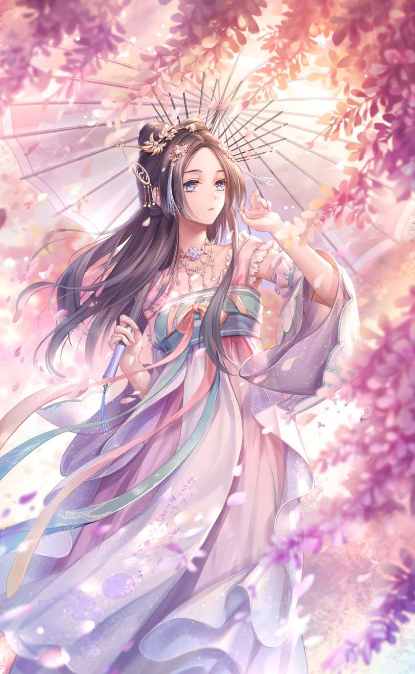1girl, artist_request, blue_eyes, bow-shaped_hair, brown_hair, chinese_clothes, collarbone, dawn_of_spring_(shining_nikki), day, detached_sleeves, expressionless, feet_out_of_frame, floating_clothes, floating_hair, floral_print, flower, forehead, frilled_hanfu, game_cg, hair_ornament, hairpin, hand_up, hanfu, highres, holding, holding_umbrella, jewelry, long_hair, long_sidelocks, long_sleeves, necklace, nikki_(series), official_art, oil-paper_umbrella, outdoors, parted_lips, petals, pink_hanfu, pink_ribbon, purple_flower, purple_sleeves, qing_yumo_(shining_nikki), ribbon, shining_nikki, sidelocks, sleeveless, sleeveless_hanfu, solo, spring_(season), standing, tassel, tassel_hair_ornament, umbrella, umbrella_over_shoulder, white_umbrella, wide_sleeves, wind, wisteria