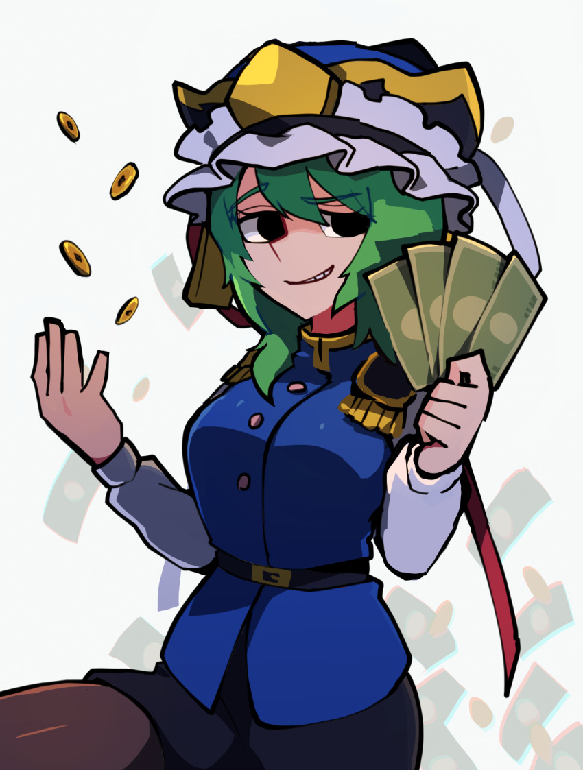 1girl, asymmetrical_hair, banknote, belt, belt_buckle, black_eyes, black_skirt, blue_vest