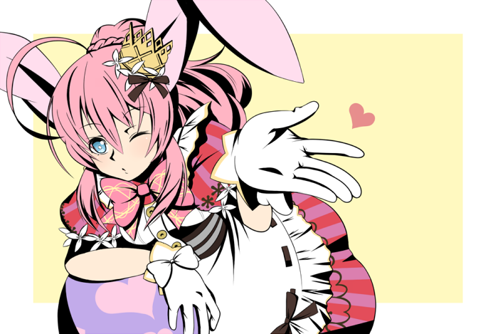 1girl, animal_ears, apron, blowing_kiss, blue_eyes, crown, dress, emil_chronicle_online, frilled_apron, frills, gloves, hair_ornament, maid_apron, minnie_doe_alma, pink_dress, pink_ribbon, ponytail, rabbit_ears, rabbit_girl, ribbon, simple_background, tete0429, white_gloves