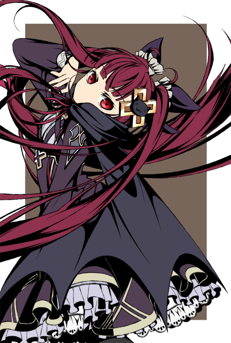 1girl, alucard_lore, black_cloak, black_dress, cloak, dress, emil_chronicle_online, frilled_dress, frills, hair_ornament, long_hair, looking_at_viewer, purple_hair, red_eyes, simple_background, tete0429