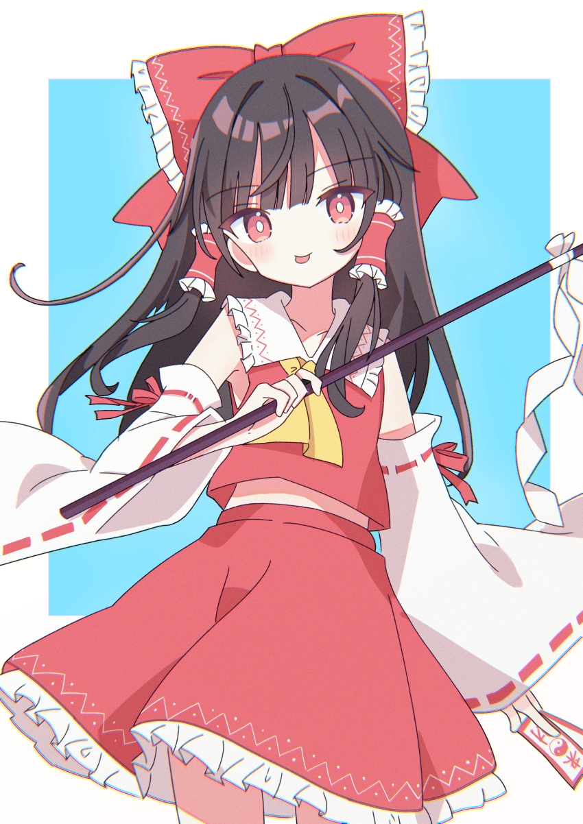 1girl, :p, absurdres, ascot, between_fingers, black201_wav, blush, bow