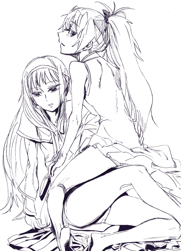 10s, 2girls, akemi_homura, akemi_homura_(magical_girl), bare_legs, barefoot, danaka, magical_girl