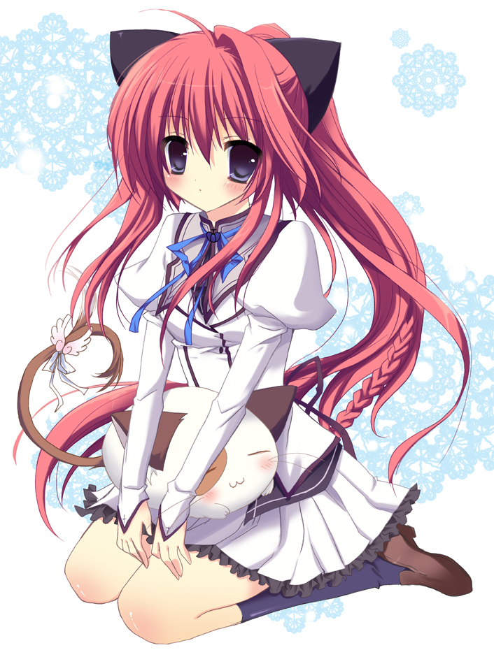1girl, :3, aono_ribbon, black_socks, blue_eyes, blush, bow, braid