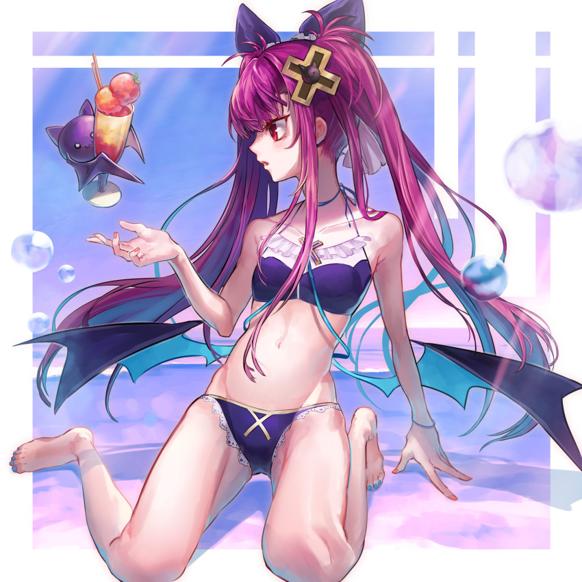 1girl, absurdres, alucard_lore, barefoot, bat_(animal), bat_wings, black_wings, bow