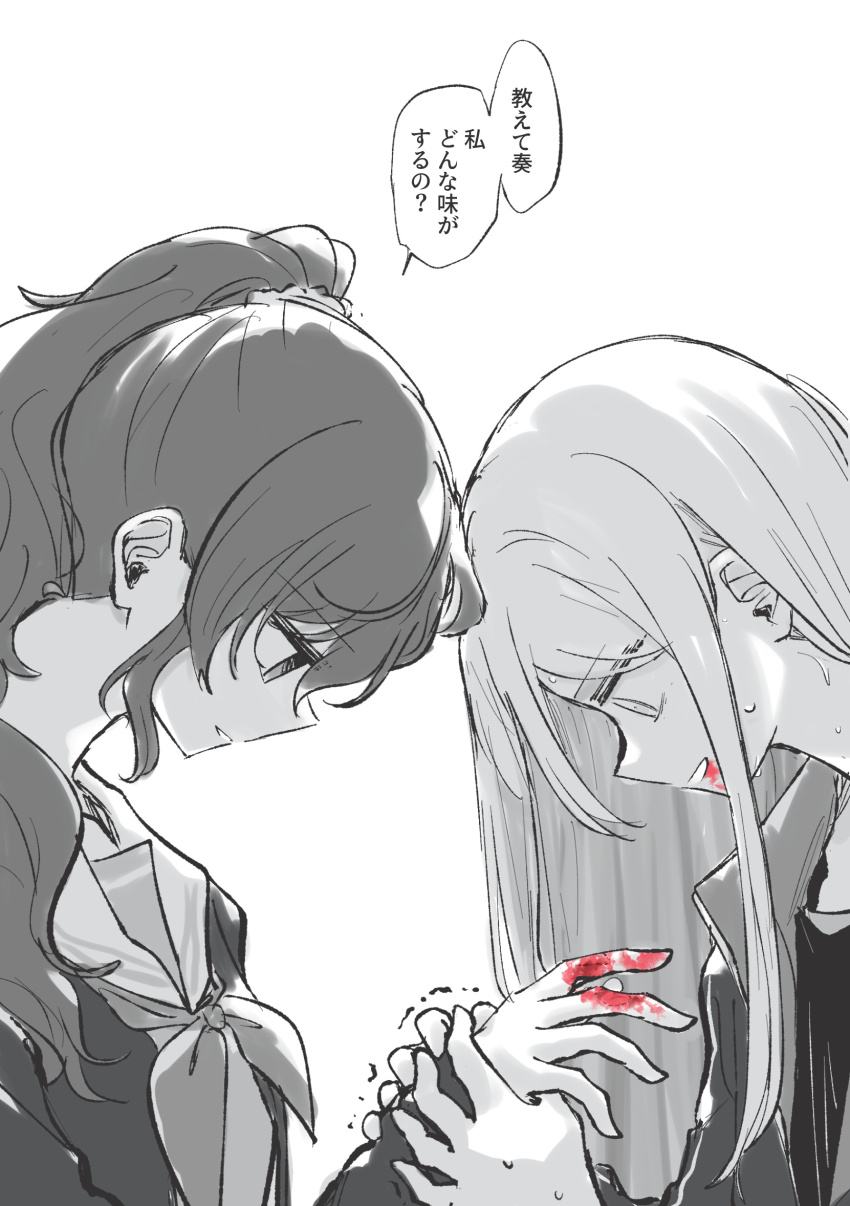 2girls, blood, blood_on_face, character_request, chichan54_(clubhappy), copyright_request, highres, monochrome