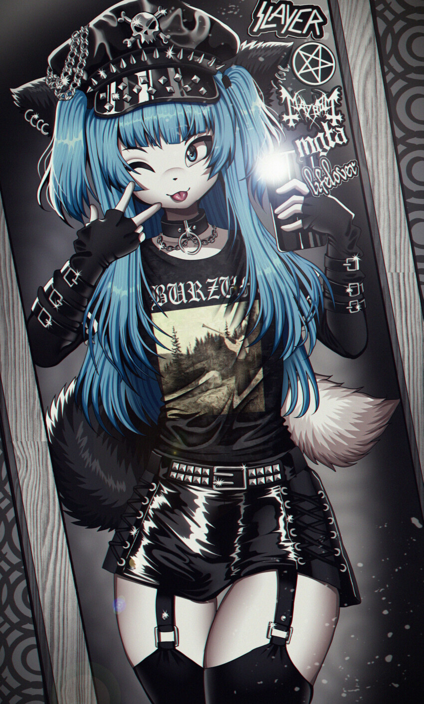 1boy, ;p, absurdres, animal_ears, artist_name, band_shirt, black_gloves, black_hat, black_shirt, black_skirt, black_thighhighs, blue_eyes, blue_hair, burzum_(band), cellphone, crossdressing, crossdressing_(mtf), ear_piercing, elbow_gloves, fingerless_gloves, fox_boy, fox_ears, fox_tail, furry, furry_male, gloves, goth_fashion, hat, highres, holding, holding_phone, lifelover_(band), long_hair, male_focus, mayhem_(band), merchandise, mgla_(band), mirror, mirror_selfie, one_eye_closed, original, peaked_cap, phone, piercing, reflection, reflection_focus, selfie, shirt, shoes, skirt, skull_and_crossbones, slayer_(band), smartphone, solo, spiked_hat, t-shirt, tail, taking_picture, thighhighs, tongue, tongue_out, trap, tweenstrip, w