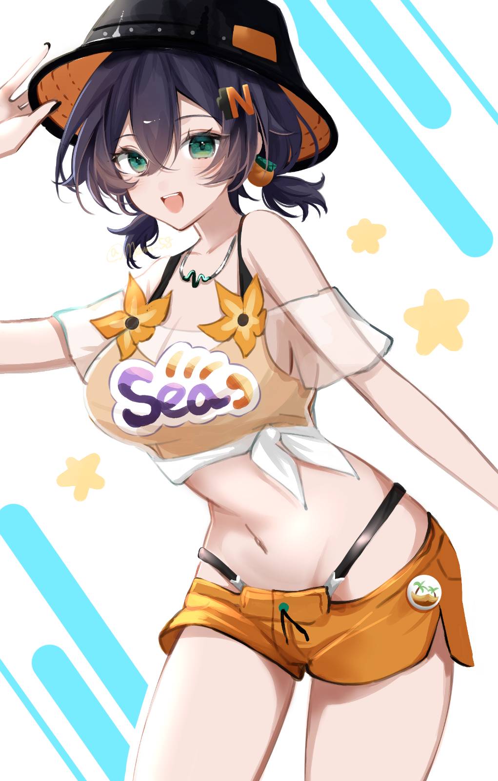 1girl, belle_(summer_skies)_(zenless_zone_zero), belle_(zenless_zone_zero), bikini, bikini_top_under_shirt, bikini_under_clothes, blue_hair, breasts, bucket_hat, clothes_writing, cowboy_shot, green_eyes, hand_on_headwear, hat, highres, jewelry, medium_breasts, memi_58, navel, necklace, official_alternate_costume, open_mouth, orange_bikini, orange_shorts, shirt, short_hair, short_shorts, shorts, smile, solo, stomach, swimsuit, thighs, tied_shirt, white_shirt, zenless_zone_zero