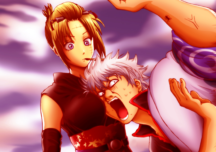 blonde_hair, breasts, gintama, japanese_clothes, large_breasts, smoking_pipe, purple_eyes, sakata_gintoki