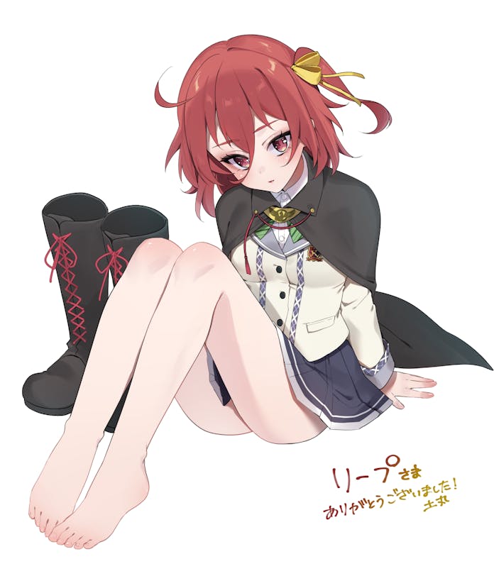 1girl, :o, barefoot, black_boots, black_cape, blazer, boots, bow