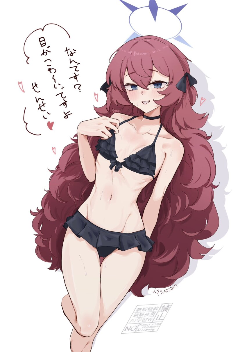 1girl, alternate_costume, bikini, bikini_day, black_bikini, blue_archive, blush, bow, breasts, choker, fluffy_hair, frilled_bikini, frills, grey_eyes, hair_bow, halo, heart, highres, iroha_(blue_archive), loli, long_hair, navel, purple_halo, red_hair, small_breasts, smile, solo, speech_bubble, suecovsky, swimsuit, teeth, thighs, translation_request, very_long_hair, wavy_hair, wet, white_background