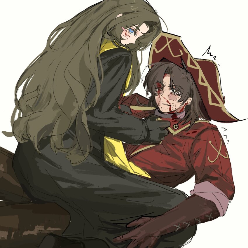 1boy, 1girl, black_coat, black_pants, blood, blood_on_face, blue_eyes, brown_eyes