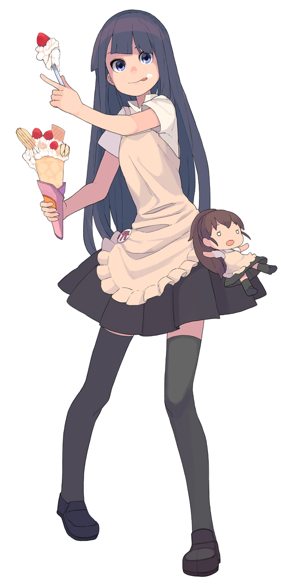 1girl, :p, apron, asamoto, black_hair, blue_eyes, brown_hair, character_doll, chibi, doll, female_focus, food, food_on_face, fruit, ice_cream, ice_cream_on_face, long_hair, open_mouth, ponytail, solo, strawberry, taneshima_popura, thighhighs, tongue, tongue_out, waitress, whipped_cream, working!!, yamada_aoi, zettai_ryouiki