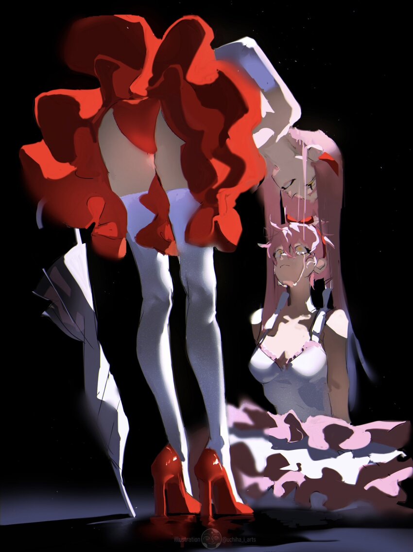 2girls, alien_stage, alternate_costume, bent_over, bow, bow_hairband, commentary, cosplay